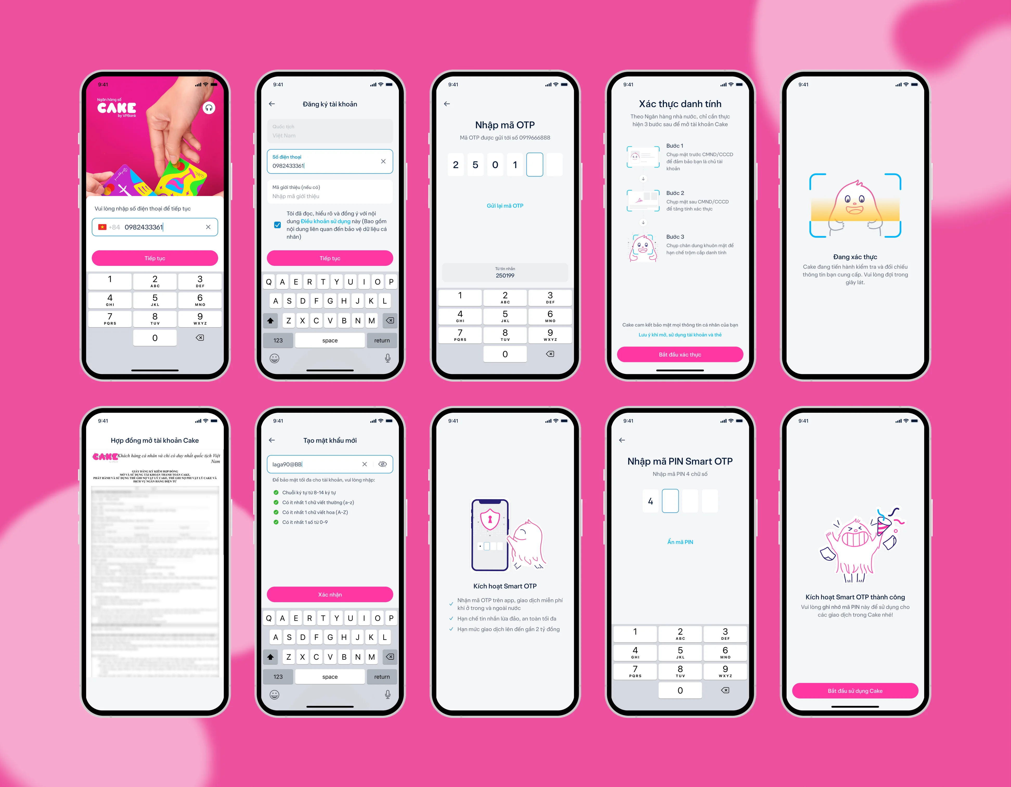 Ten CAKE mobile onboarding screens showing registration, identity verification, and Smart OTP setup