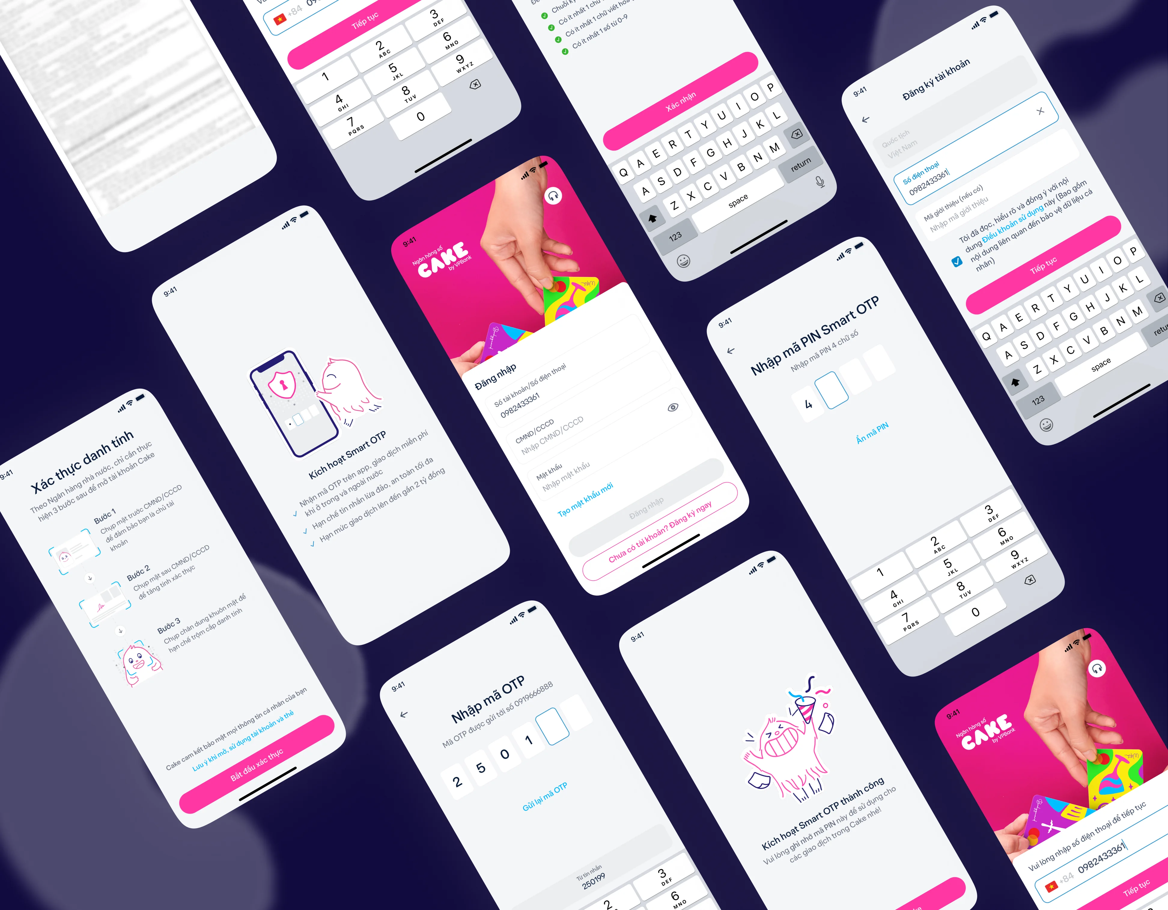 CAKE mobile onboarding screens arranged on a dark background