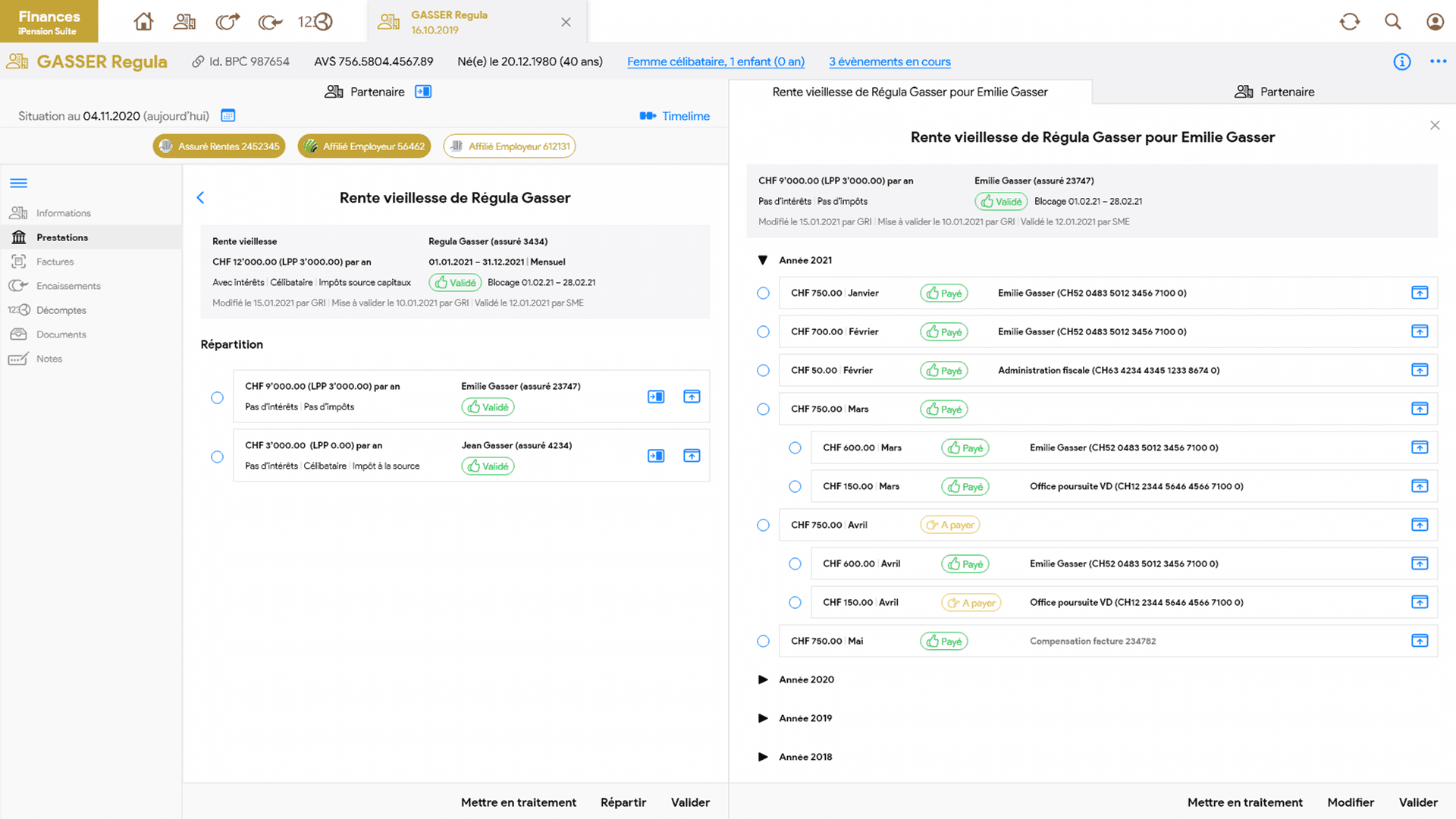 iPension Finances interface showing financial records and workflow controls