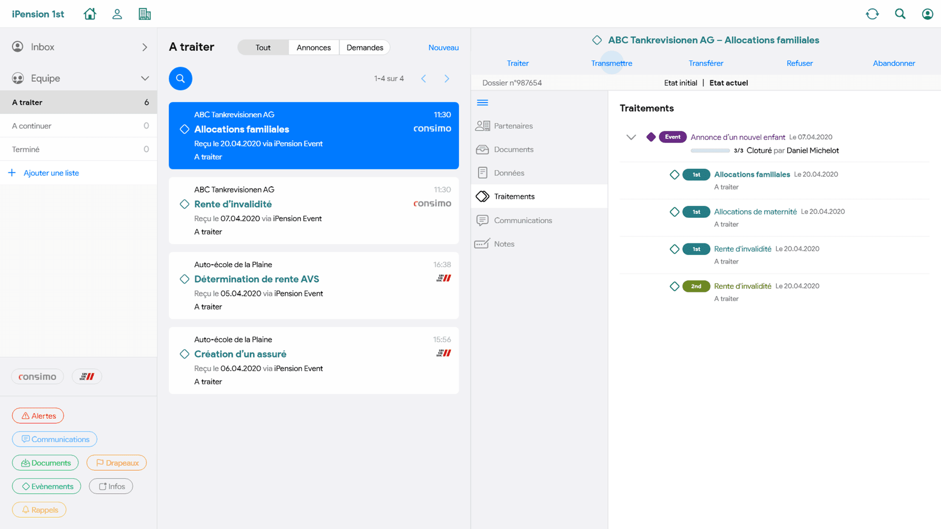iPension 1st application interface with pension administration forms and navigation